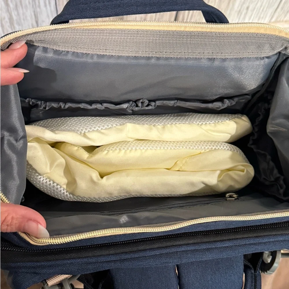 Convertible Diaper Bag Backpack Navy and Tan.